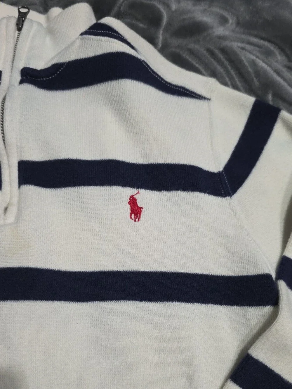 Ralph Lauren White & Navy Striped Half-Zip Sweater with Red Pony